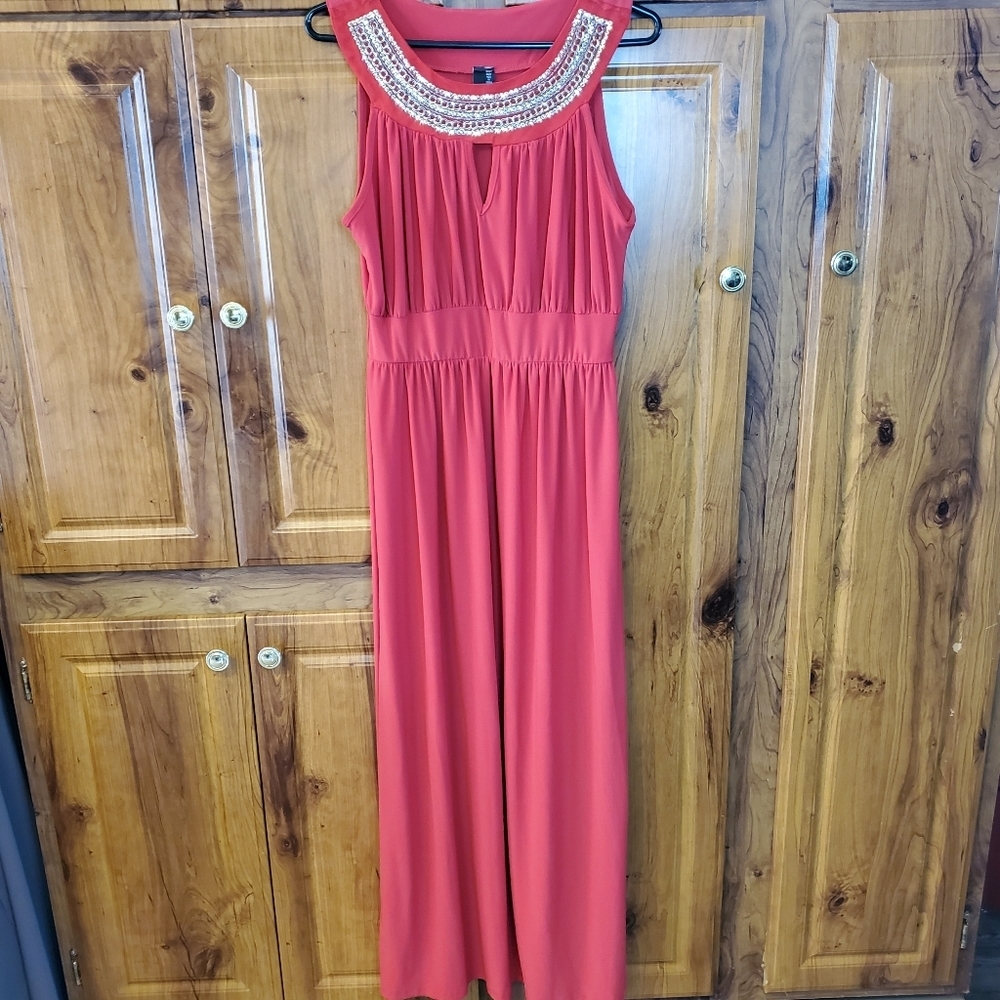 Nic&dom Red Evening Gown Dress Metallic Cutout Neck Sleeveless